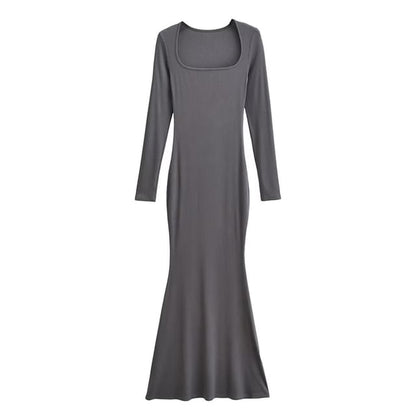 Long Sleeve Scoop Neck Plain Sheath Maxi Dress