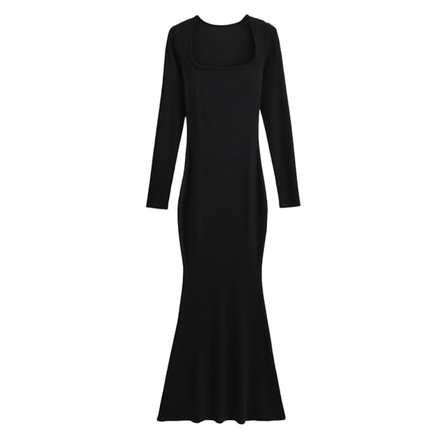 Long Sleeve Scoop Neck Plain Sheath Maxi Dress