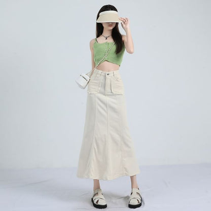 Solid High-Waisted Mermaid Midi Skirt
