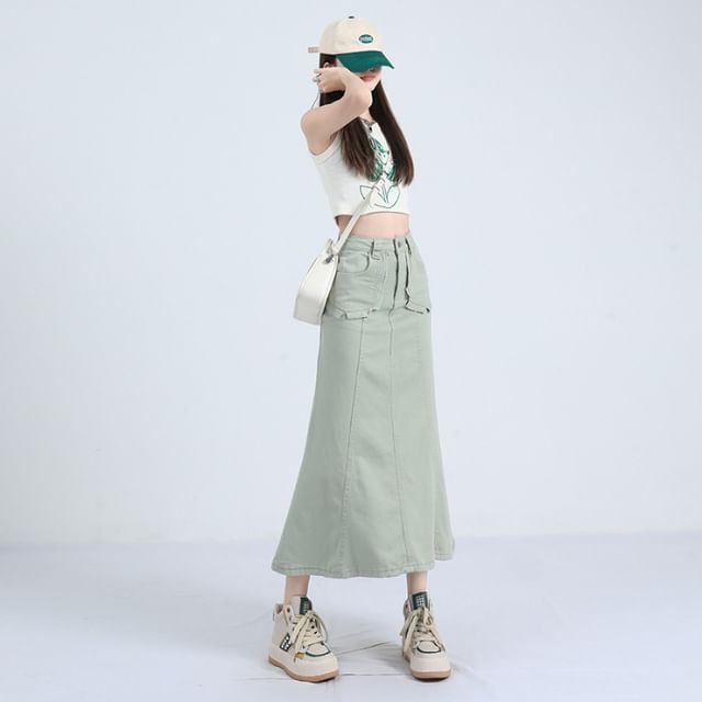 Solid High-Waisted Mermaid Midi Skirt