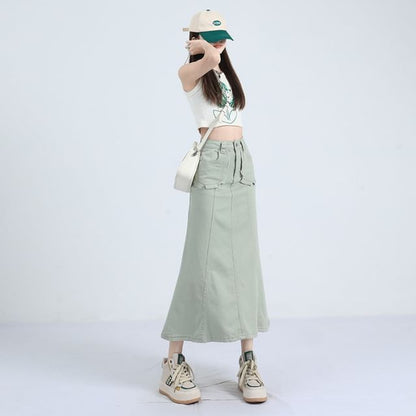 Solid High-Waisted Mermaid Midi Skirt
