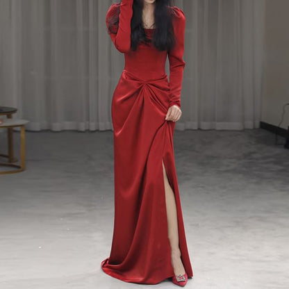 Square Neck Long-Sleeve Gown Ruched Evening Mermaid Plain Slit