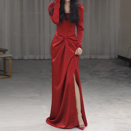 Square Neck Long-Sleeve Gown Ruched Evening Mermaid Plain Slit