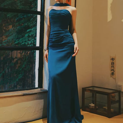 Halter Neck Plain Ruched Mermaid Evening Gown