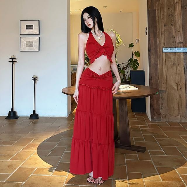 Halter Ruched Crop Top & Tiered Maxi A-Line Skirt Set