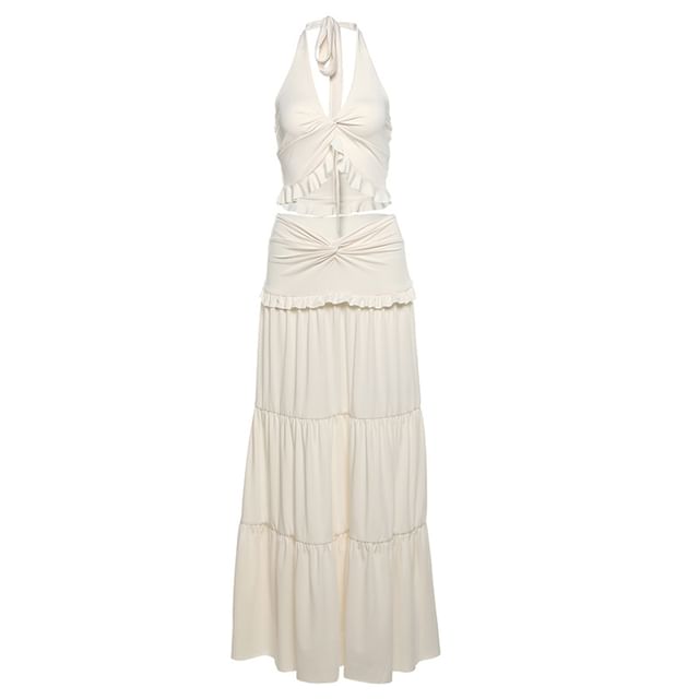Halter Ruched Crop Top & Tiered Maxi A-Line Skirt Set