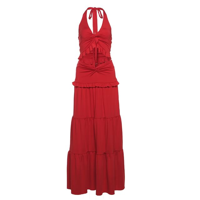 Halter Ruched Crop Top & Tiered Maxi A-Line Skirt Set