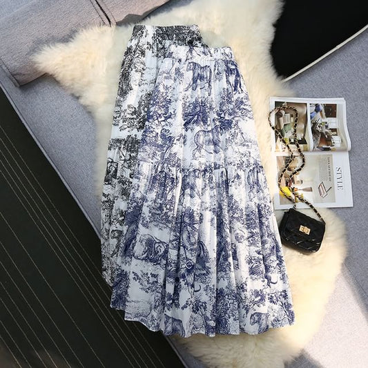 Printed High-Waisted Midi Flared Skirt