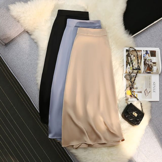 Satin High-Rise Midi A-Line Skirt in Solid Tone