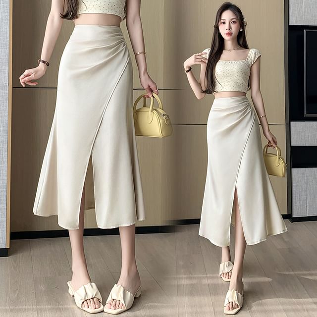 Ruched Slit Satin High-Rise Fishtail Midi Skirt