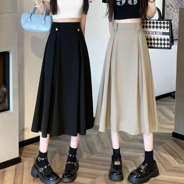 Pleated High-Rise Midi Flared Skirt in Solid Color