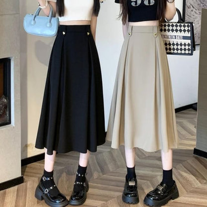 Pleated High-Rise Midi Flared Skirt in Solid Color