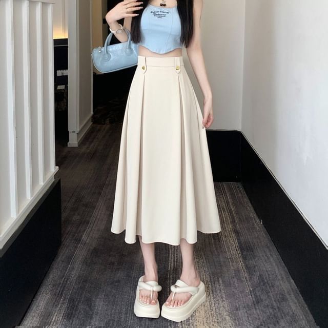 Pleated High-Rise Midi Flared Skirt in Solid Color