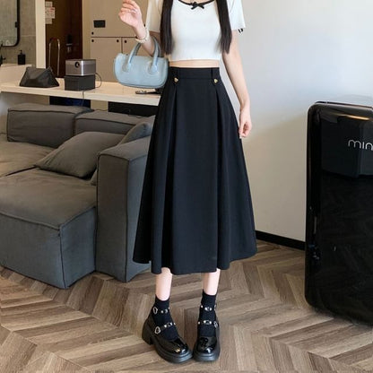 Pleated High-Rise Midi Flared Skirt in Solid Color