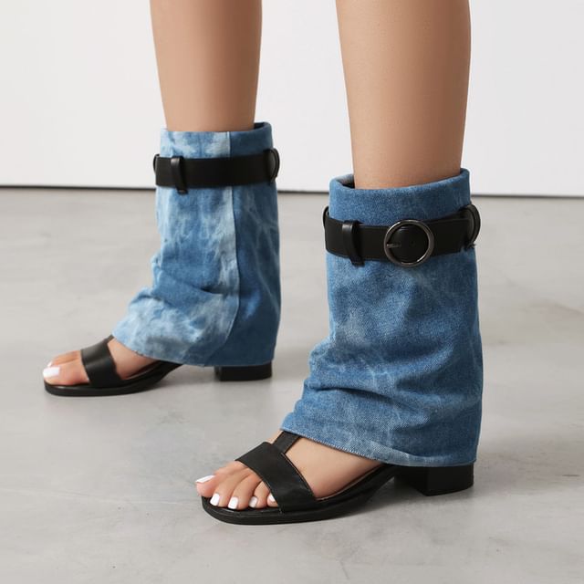Block Heel Washed Denim Short Thong Boots