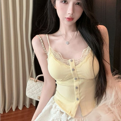 Lace Trim Crop Camisole with High Waist Mini Skirt Set