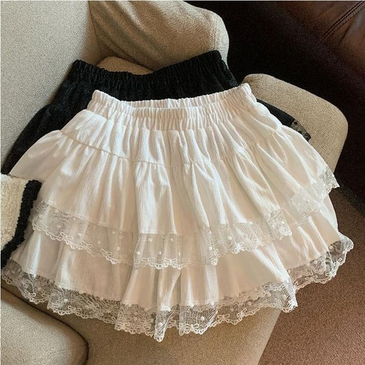 Elegant Lace Panel A-Line Skirt with Ruffle and Elastic Waist