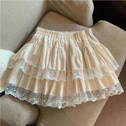 Elegant Lace Panel A-Line Skirt with Ruffle and Elastic Waist