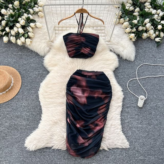 Trendy Halter Neck Crop Top with Ruched Mesh and Midi Pencil Skirt Set