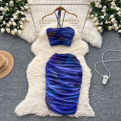 Trendy Halter Neck Crop Top with Ruched Mesh and Midi Pencil Skirt Set