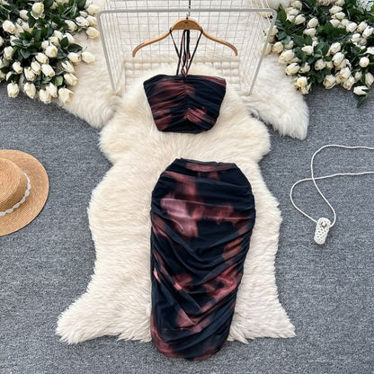 Trendy Halter Neck Crop Top with Ruched Mesh and Midi Pencil Skirt Set