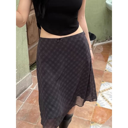 Vintage Plaid Midi A-Line Skirt with Low Rise Fit