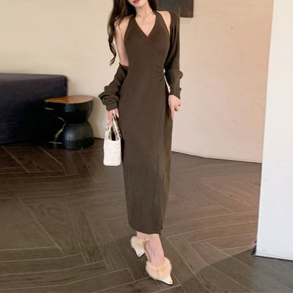 Set: Halter V Neck Plain Bodycon Maxi Dress + Bolero Cardigan