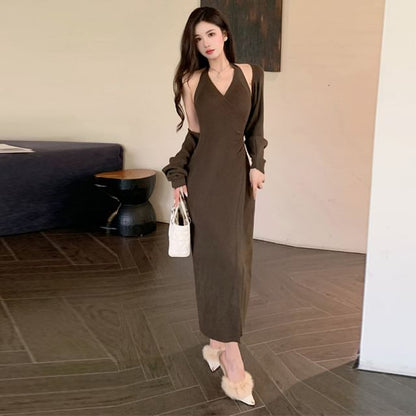 Set: Halter V Neck Plain Bodycon Maxi Dress + Bolero Cardigan
