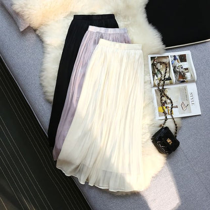 Classic Solid Midi A-Line Skirt with High Rise Cut