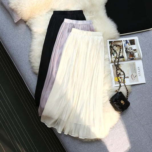 Classic Solid Midi A-Line Skirt with High Rise Cut