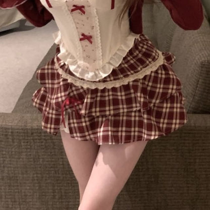 Sleeveless Floral Print Bow Ruffle Panel Top / High Waist Plaid Mini A-Line Skirt / Striped Cardigan