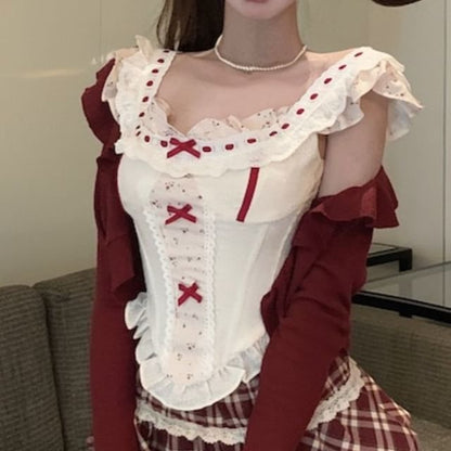 Sleeveless Floral Print Bow Ruffle Panel Top / High Waist Plaid Mini A-Line Skirt / Striped Cardigan