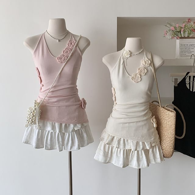 Halter Plain Crochet Floral Top