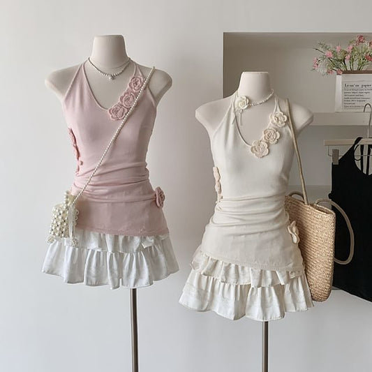 Halter Plain Crochet Floral Top