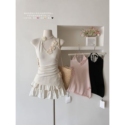 Halter Plain Crochet Floral Top