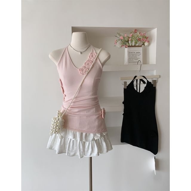 Halter Plain Crochet Floral Top