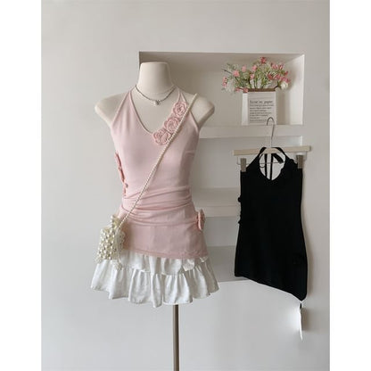 Halter Plain Crochet Floral Top