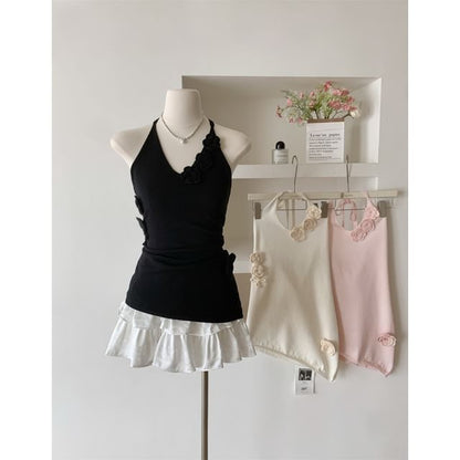 Halter Plain Crochet Floral Top