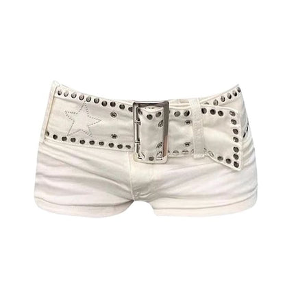 Low Rise Plain Studded Belted Denim Shorts