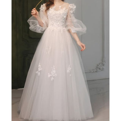 Mesh Wedding Floral Puff-Sleeve A-Line Gown