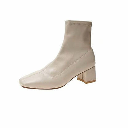Boots Chunky Square Short Plain Zip-Up Toe Heel