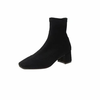 Boots Chunky Square Short Plain Zip-Up Toe Heel