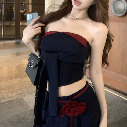 Two Tone Tie Front Crop Tube Top / Low Waist Plain Wide Leg Pants