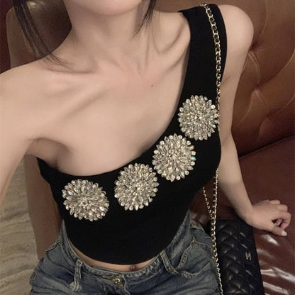 One-Shoulder Rhinestone Accent Slim Fit Crop Tank Top