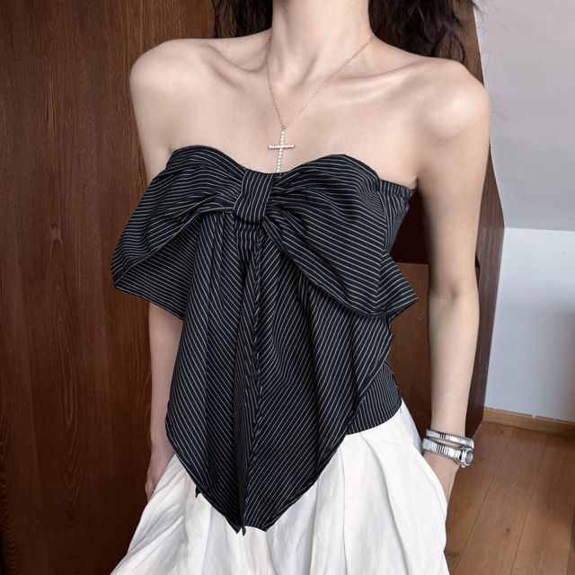 Striped Bow Accent Crop Tube Top / High Waist Plain Wide Leg Pants