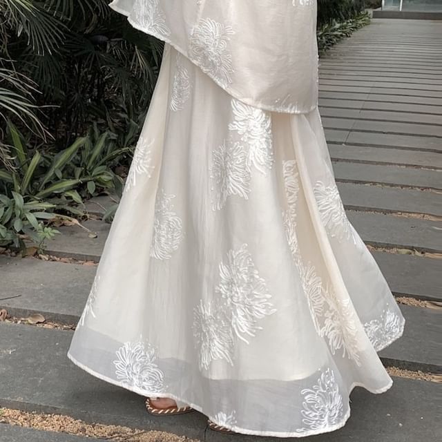 Puff-Sleeve V-Neck Flower Embroidered Blouse / High Rise Maxi A-Line Skirt / Shorts / Plain Camisole Top / Set