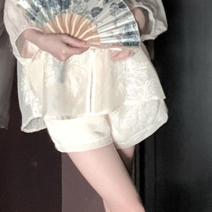 Puff-Sleeve V-Neck Flower Embroidered Blouse / High Rise Maxi A-Line Skirt / Shorts / Plain Camisole Top / Set