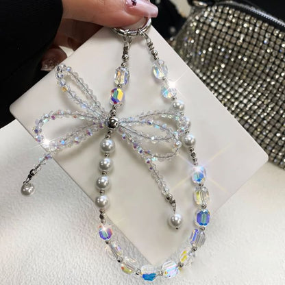 Pearl Pad Lanyard Crystal Phone Bow Strap with Faux