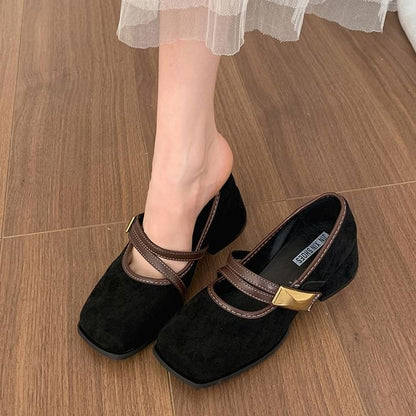 Chunky Heel Square Toe Contrast Trim Mary Jane Pumps