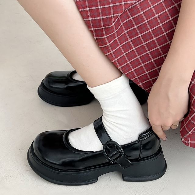 Platform Plain Buckled Faux Leather Mary Jane Shoes